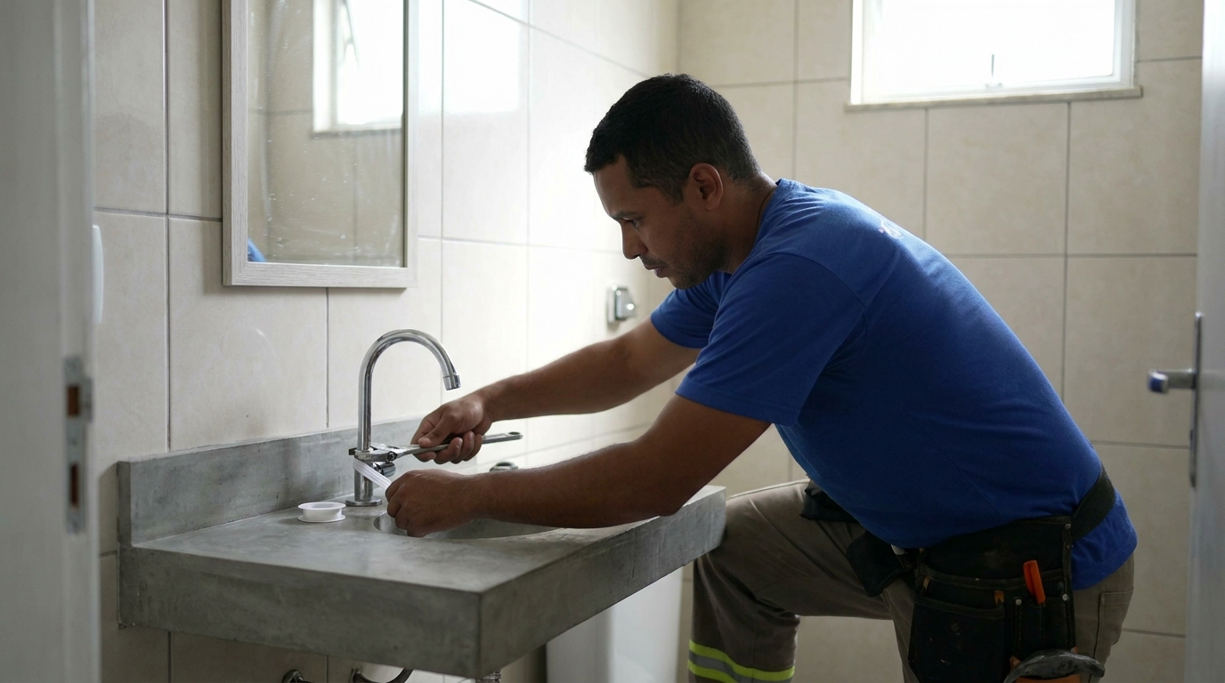 Encanador instalando torneira em São José‑SC