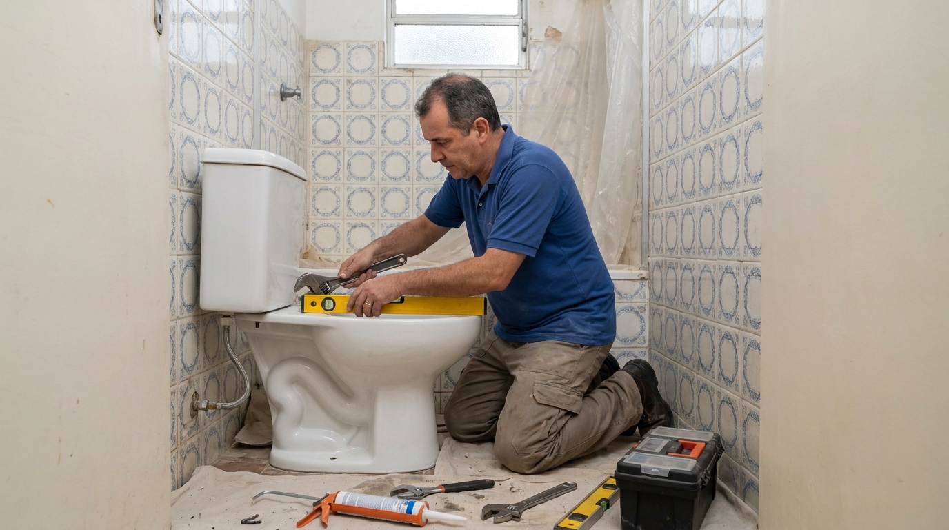 Técnico instalando vaso sanitário em São José‑SC